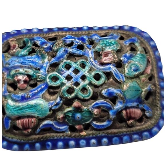 Gilt Chinese Enamel Brooch Gold Plated Front Colorful Design Sterling Silver - Picture 4 of 8